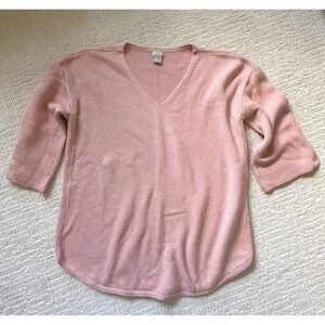 Chicos Dusty Pink Ribbed V-Neck Sweater 3/4 Sleeve Cotton Blend Size 2 US Large